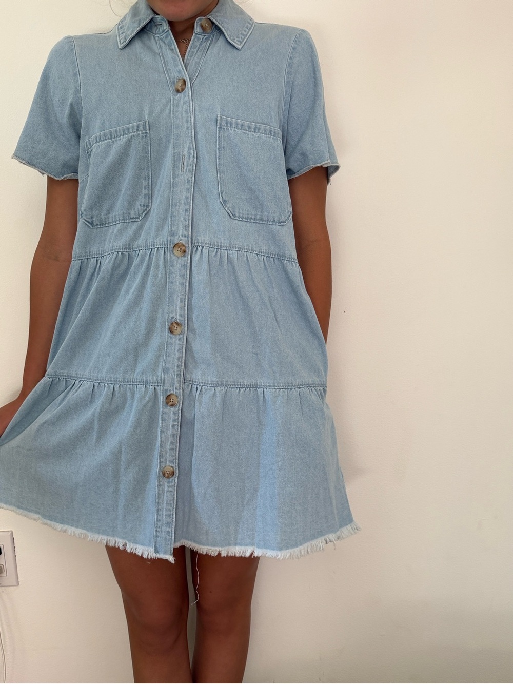 MUMU Small Light Wash Denim Button-Front Tiered Mini Dress